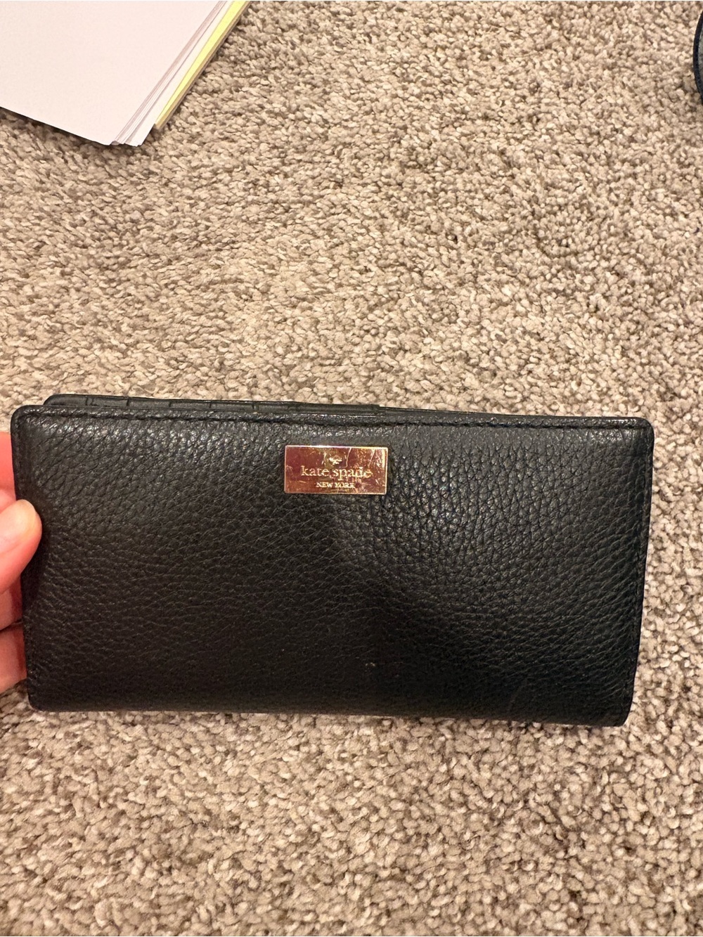 kate spade Black Pebbled Leather Continental Wallet with Gold Plaque